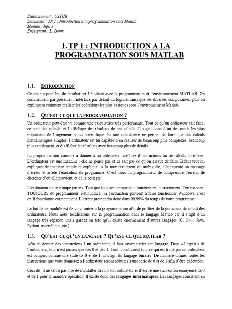 Introduction à la programmation MATLAB | PDF | Programme informatique ...