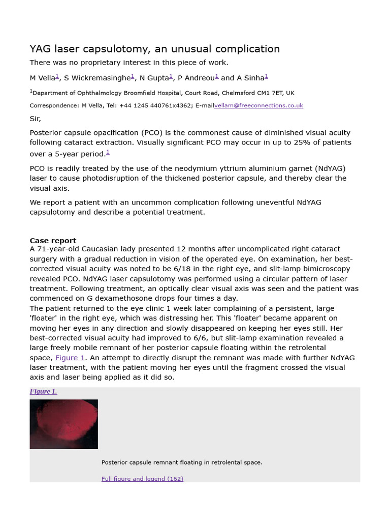 Yag Laser Capsulotomy An Unusual Complication Pdf Cataract