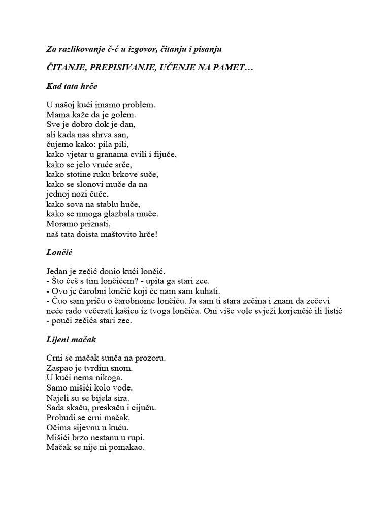 Tekstovi Za Razlikovanje Č-Ć | PDF