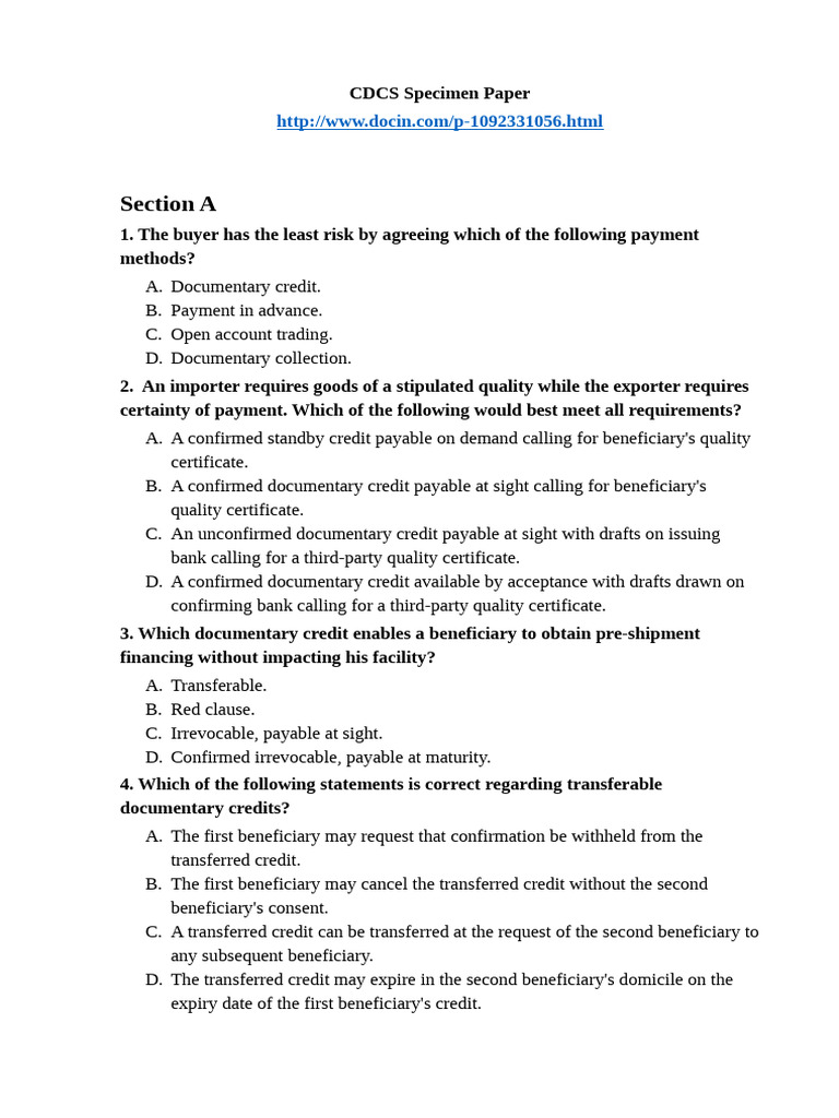CDCS Exam Sample Questions and Answers | PDF | Letter Of Credit | Bill ...