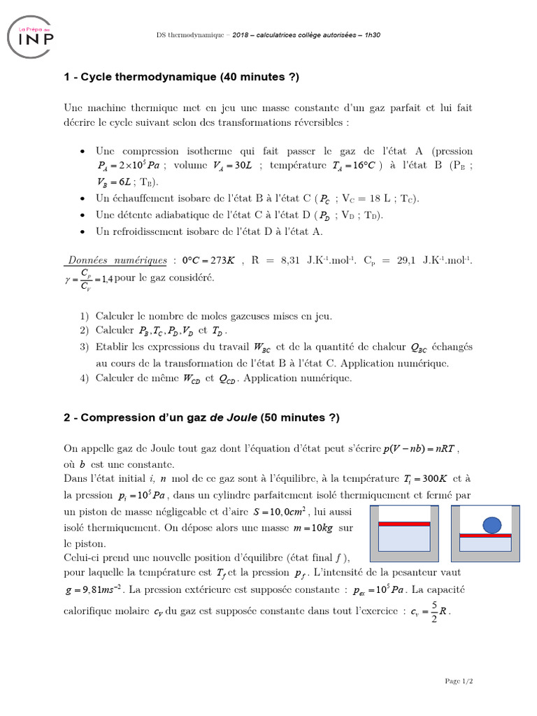 Cycle Thermodynamique et Gaz de Joule | PDF | Thermodynamique | Pression