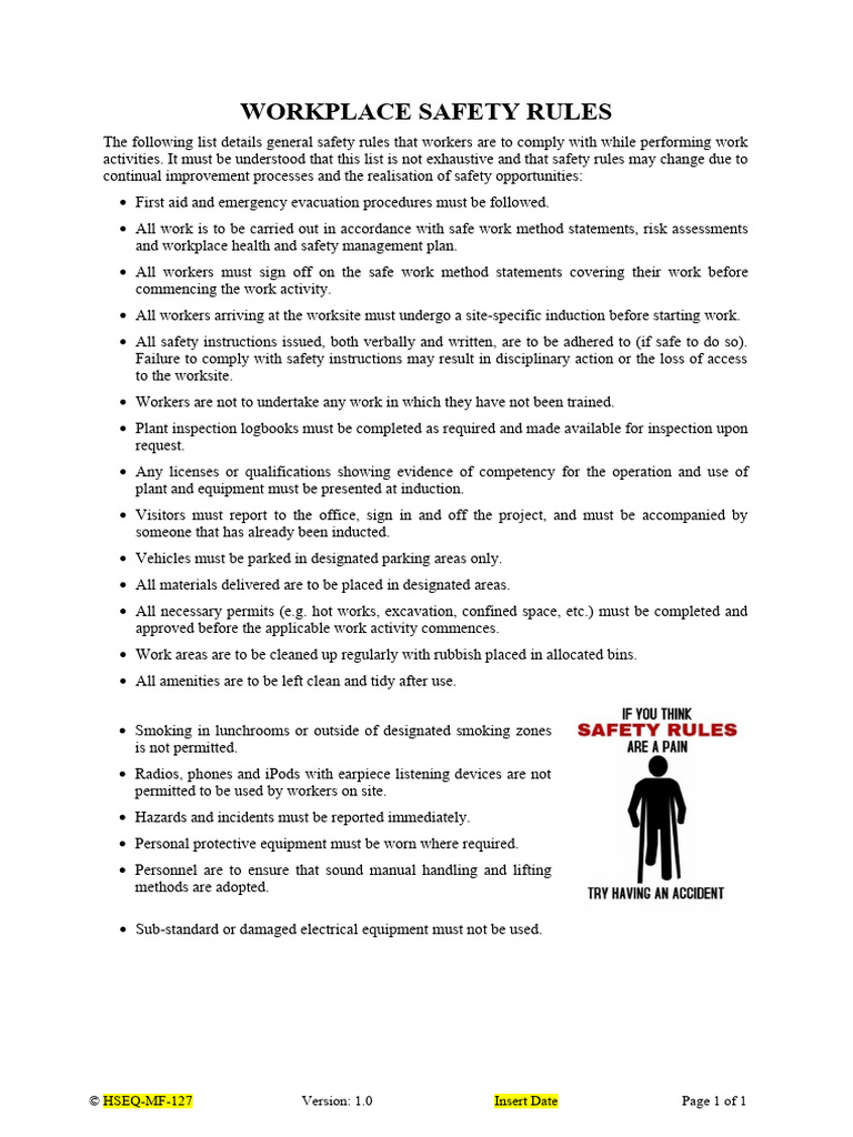 HSEQ MF 127 Workplace Safety Rules PDF Occupational Safety And