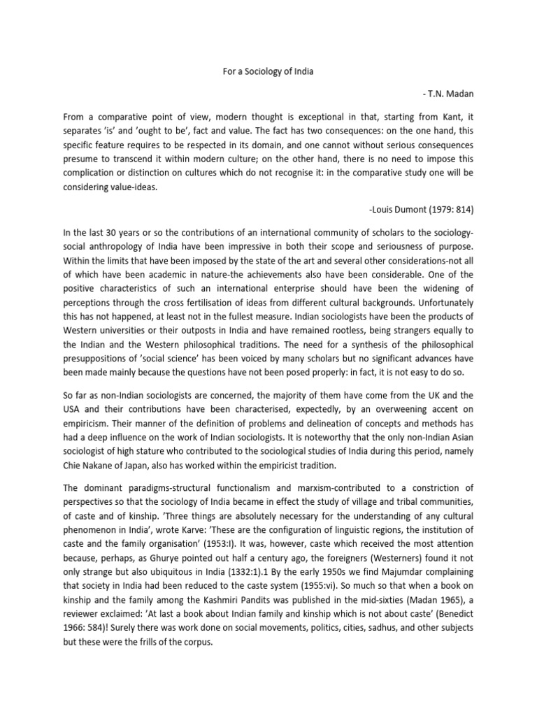T.N. Madan's Insights on Indian Caste | PDF | Sociology | Ethnography