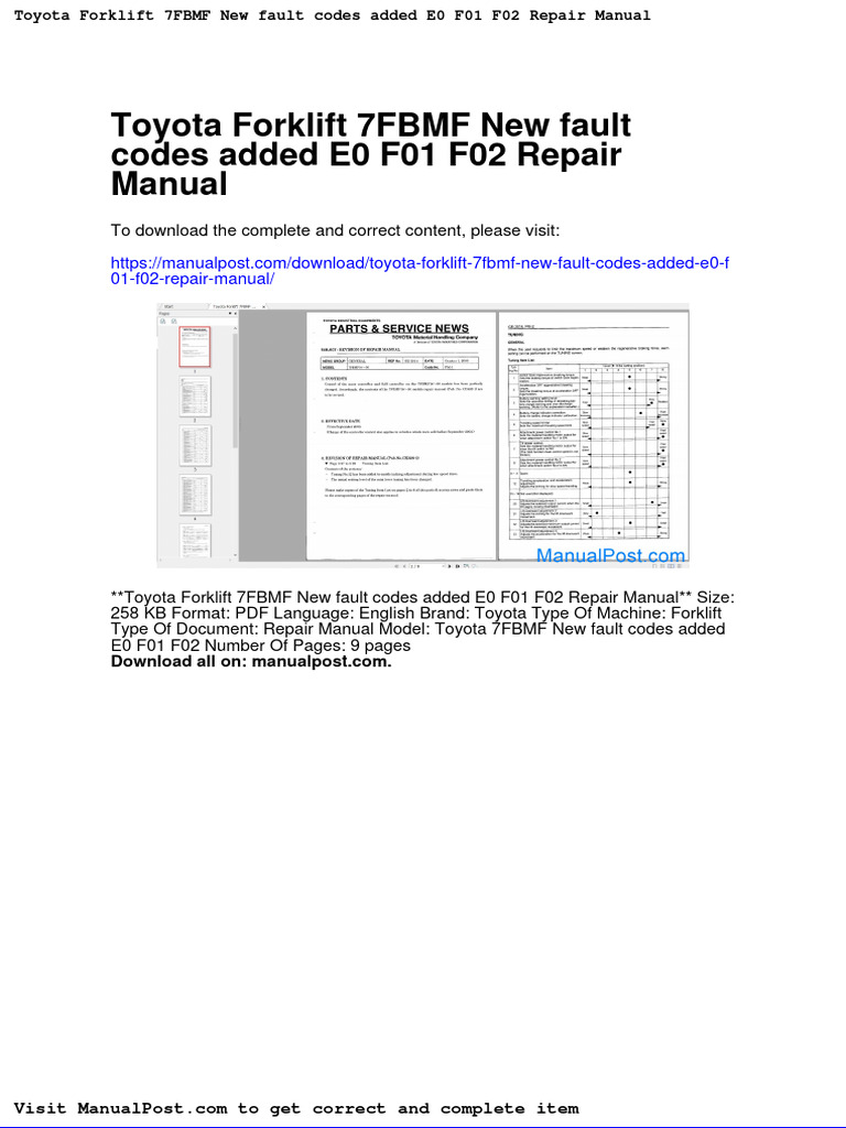 Toyota Forklift 7fbmf New Fault Codes Added E0 f01 f02 Repair Manual