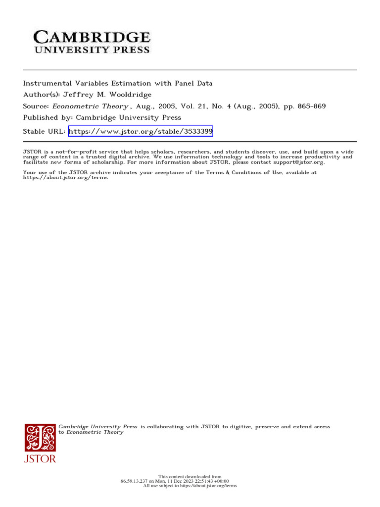 Panel Data Instrumental Variables Estimation | PDF | Regression ...