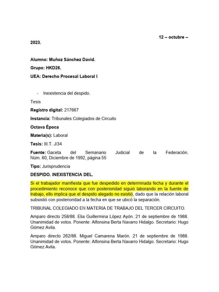 Jurisprudencia sobre Despido Inexistente | PDF | Caso de ley | Demanda ...