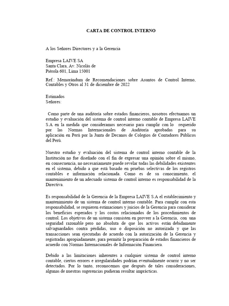 Informe de Control Interno LAIVE S.A. | PDF | Contador | Auditoría