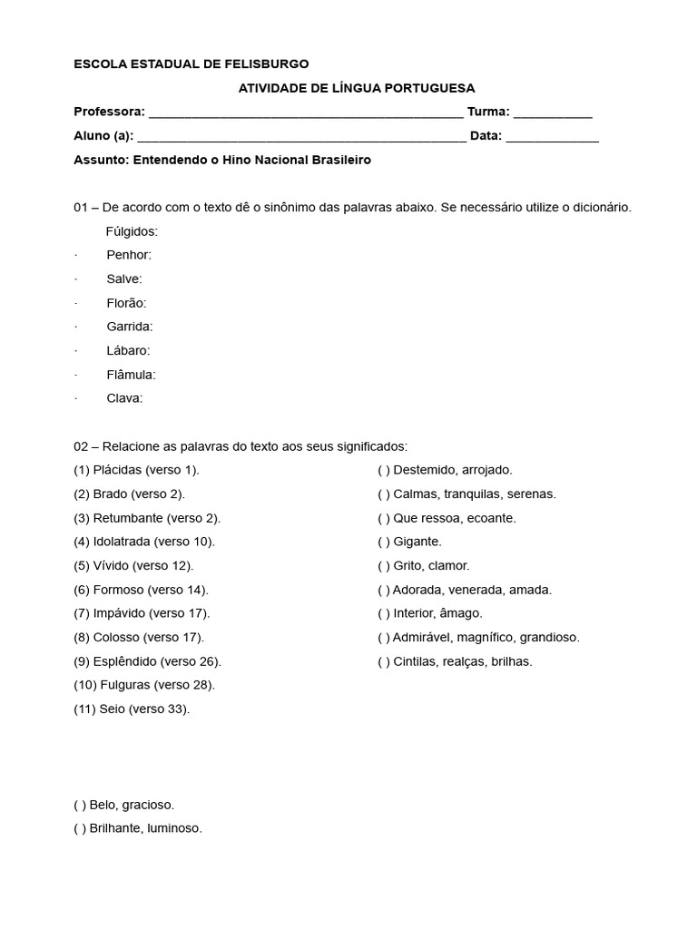 Atividade sobre o Hino Nacional Brasileiro | PDF | Liberdade