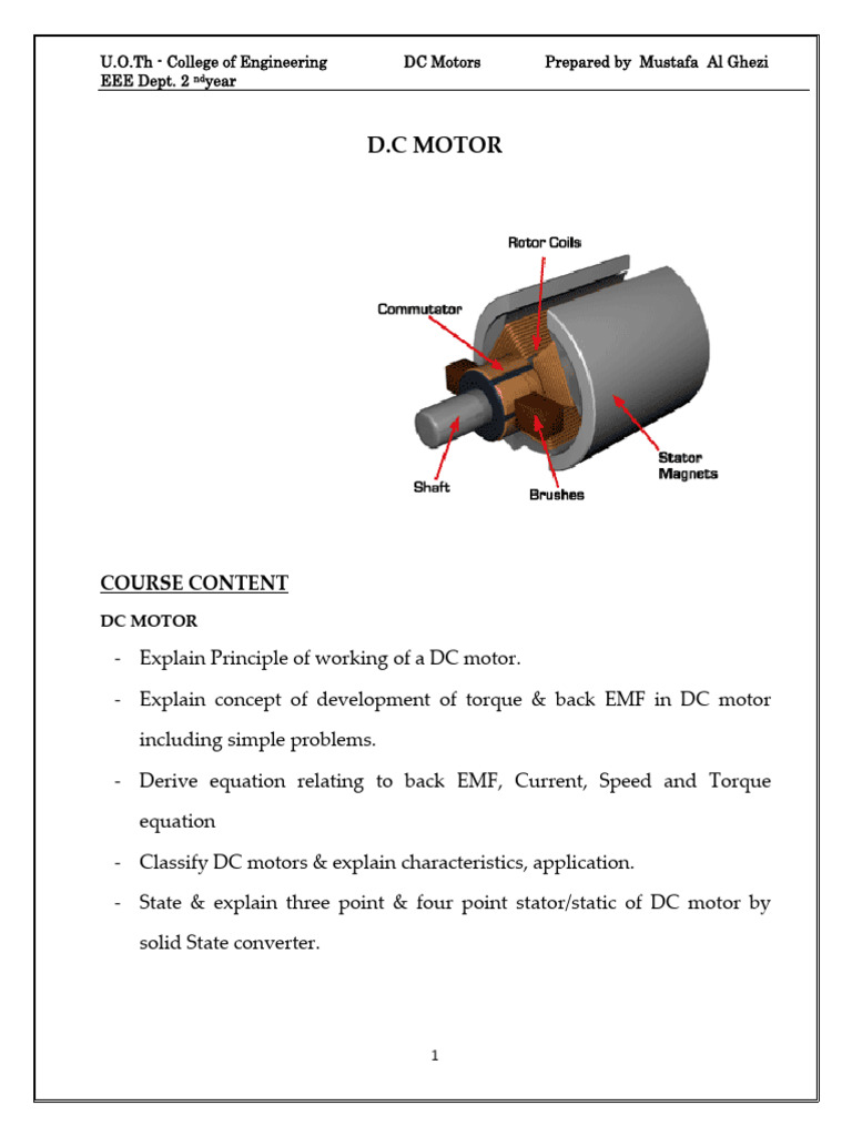 DC Motors Lecture Notes PDF Electric Motor Induction