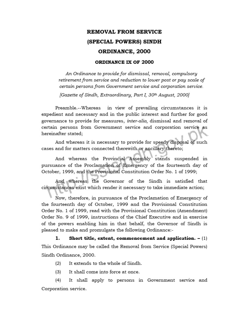 Sindh Removal from Service Ordinance 2000 | PDF | State Of Emergency ...