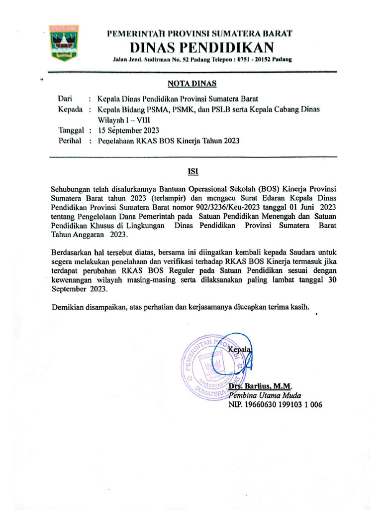 Nota dinas penelahaan rkas bos kinerja tahun 2023 pdf