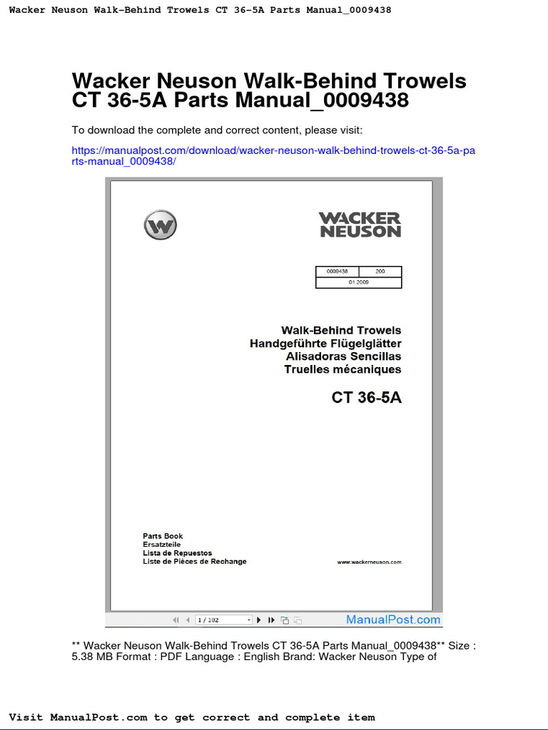 Wacker Neuson Walk Behind Trowels CT 36 5a Parts Manual 0009438 PDF