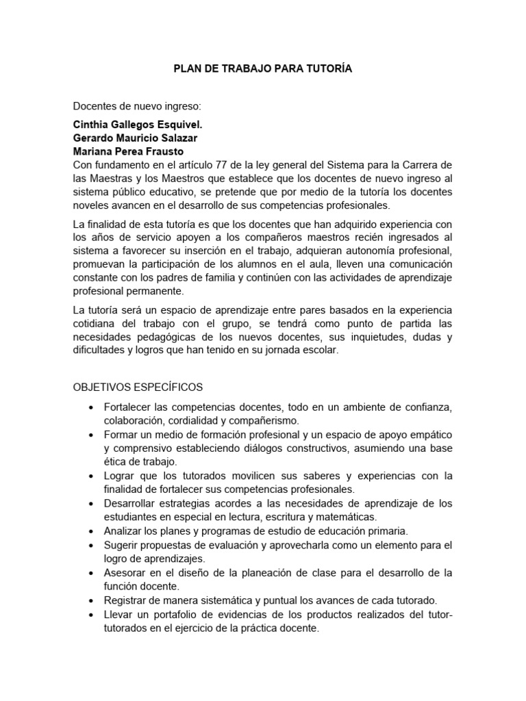 Plan de Trabajo para Tutoría 2023 | PDF | Enseñando | Evaluación
