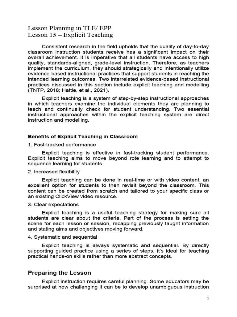 Lesson 15 Explicit Teaching Pdf Teachers Learning