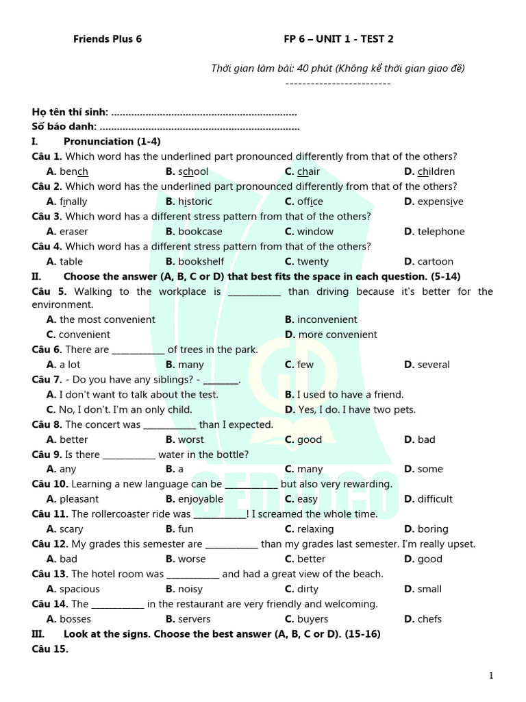 Ôn tập giữa học kì I Unit 1 Test 2 PDF