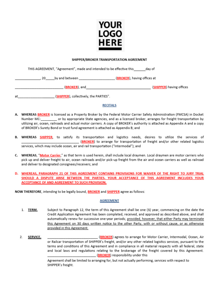 Premium Shipper Broker Agreement Template PDF Premium Shipper Broker Agreement Template PDF