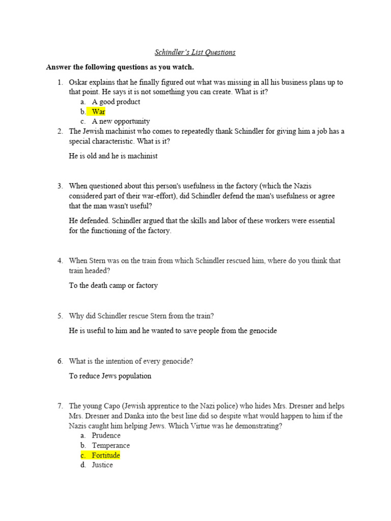 Schindler's List Questions PDF