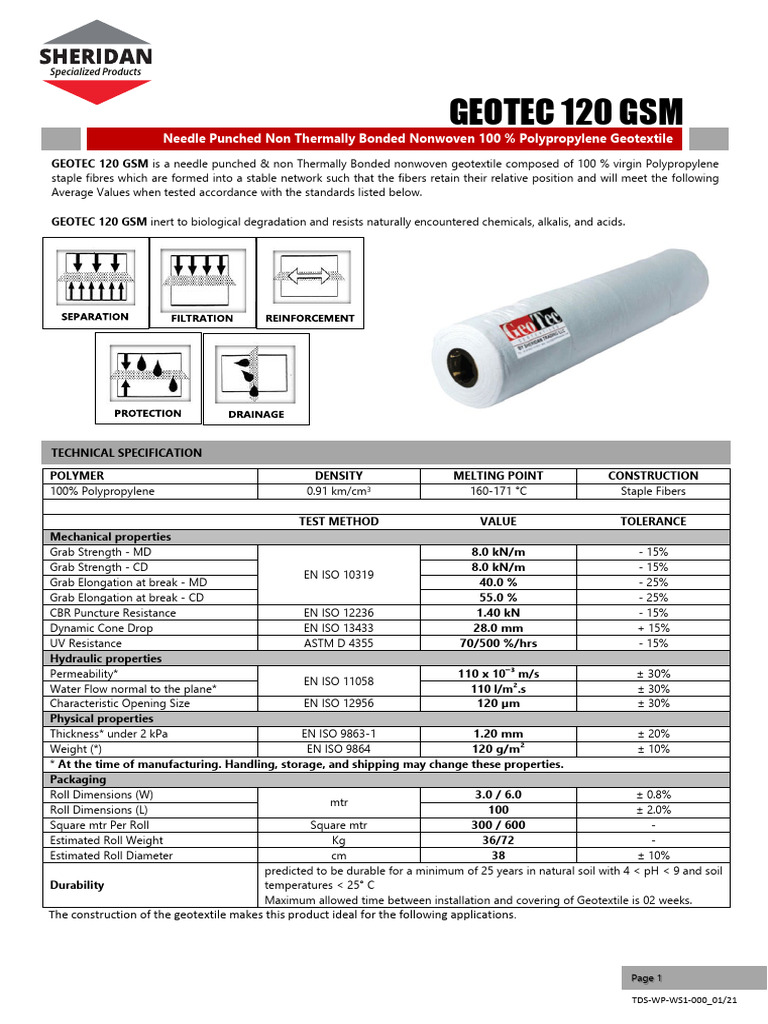 GEOTEC 120 GSM Geotextile Specifications | PDF | Nonwoven Fabric | Fibers