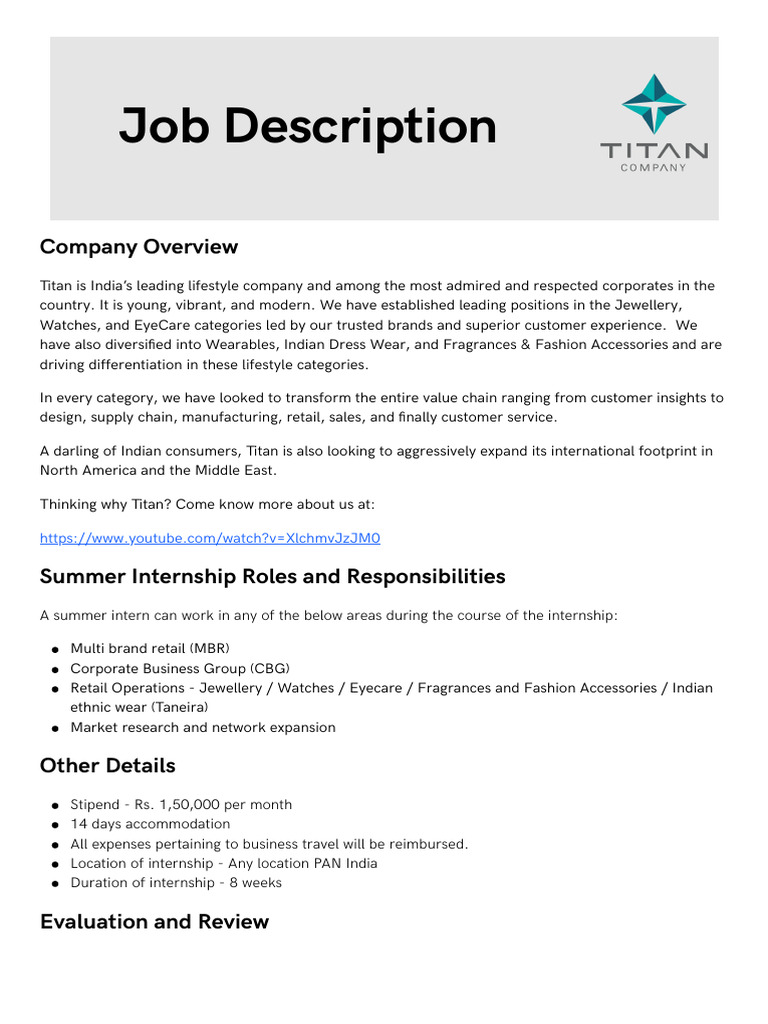 Summer Internship 2024 Sales Function JD PDF