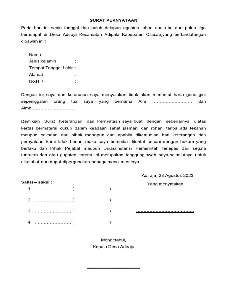 SURAT PERNYATAAN GONO GINI | PDF