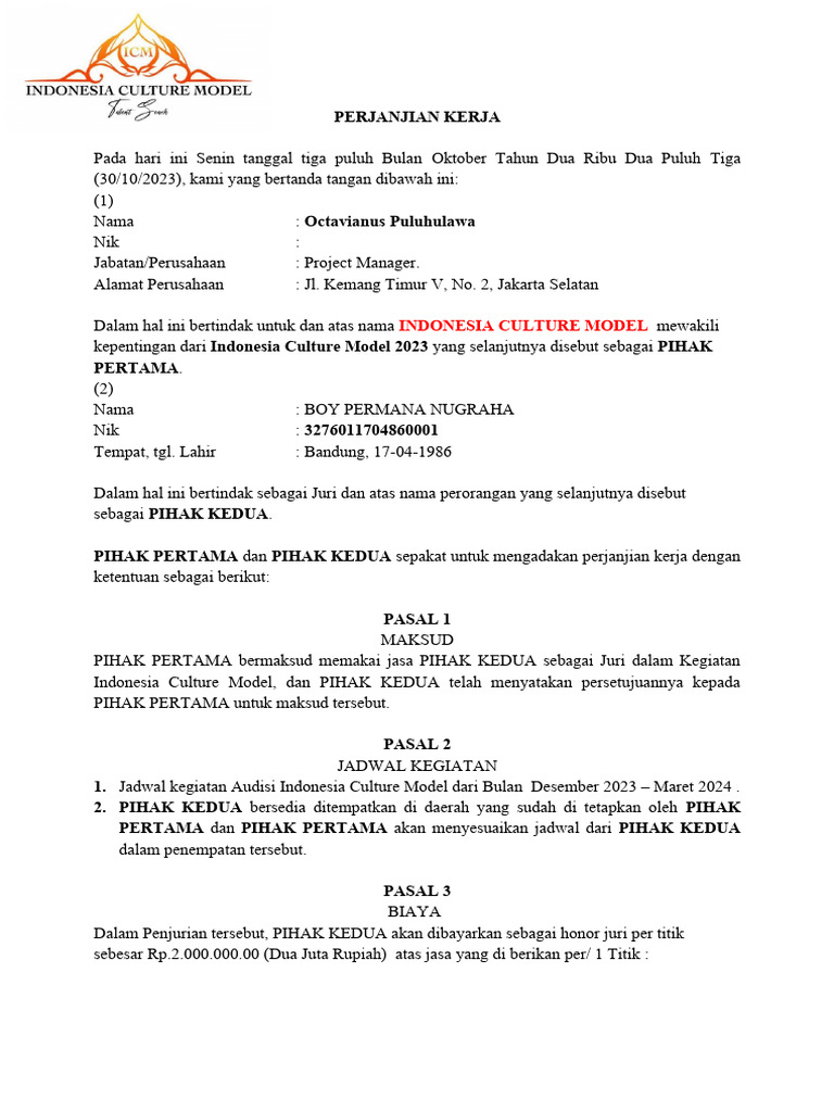 Perjanjian Kerja Boy Permana Nugraha | PDF