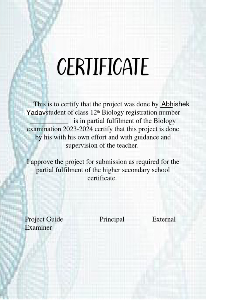 Certificate for Biology Project Class 12 | PDF | Career & Growth