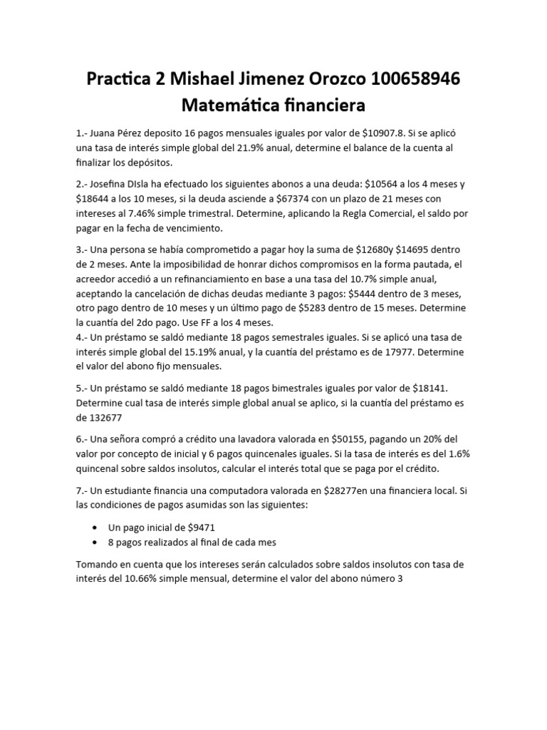Ejercicios de Matemática Financiera | PDF | Interés | Crédito
