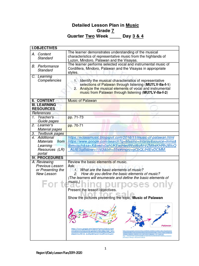 Grade 7 Music Lesson: Palawan Music | PDF | Lesson Plan | Performing Arts