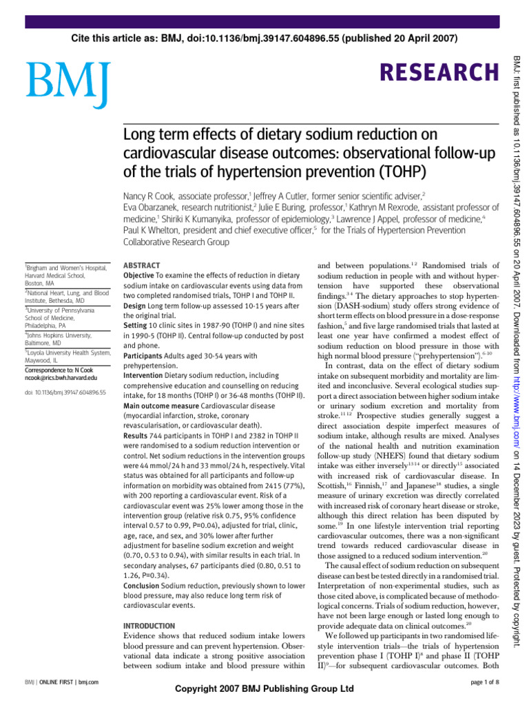 Long Term Effects of Dietary Sodium Reduction On | PDF | Cardiovascular ...