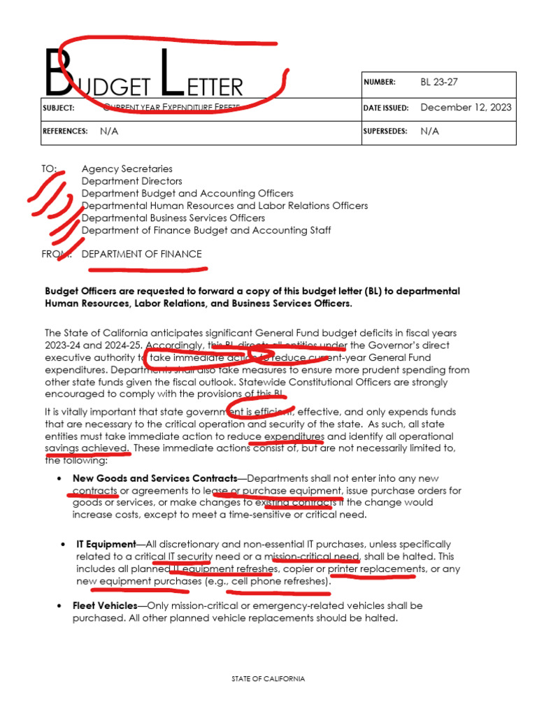 California Budget Letter Current Year Expenditure Freeze PDF Budget