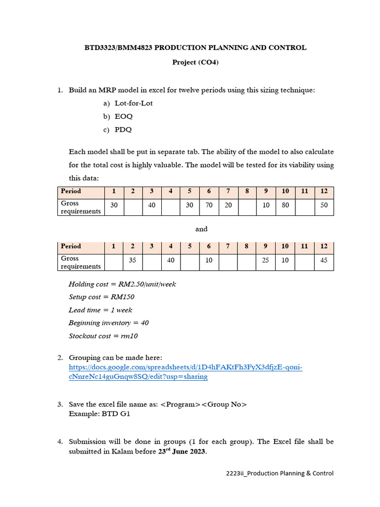 Excel MRP Model for Production Planning | PDF | Technology & Engineering