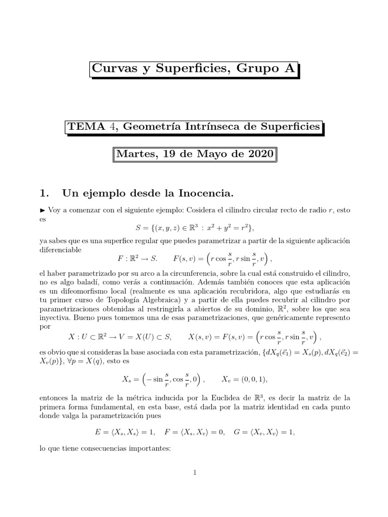 Geometría Intrínseca y Isometrías en Superficies | PDF | Curva ...