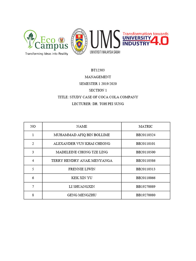 Study Case Of Coca Cola Company Pdf The Coca Cola Company Coca Cola