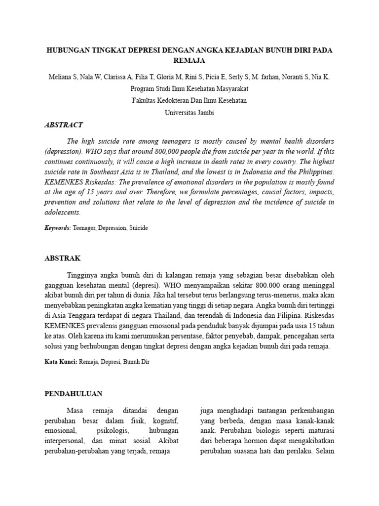 Hubungan Tingkat Depresi Dengan Angka Kejadian Bunuh Diri Pada Remaja | PDF