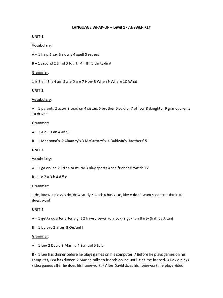 Level 1 Language Test Answer Key | PDF | Cooking, Food & Wine | Art