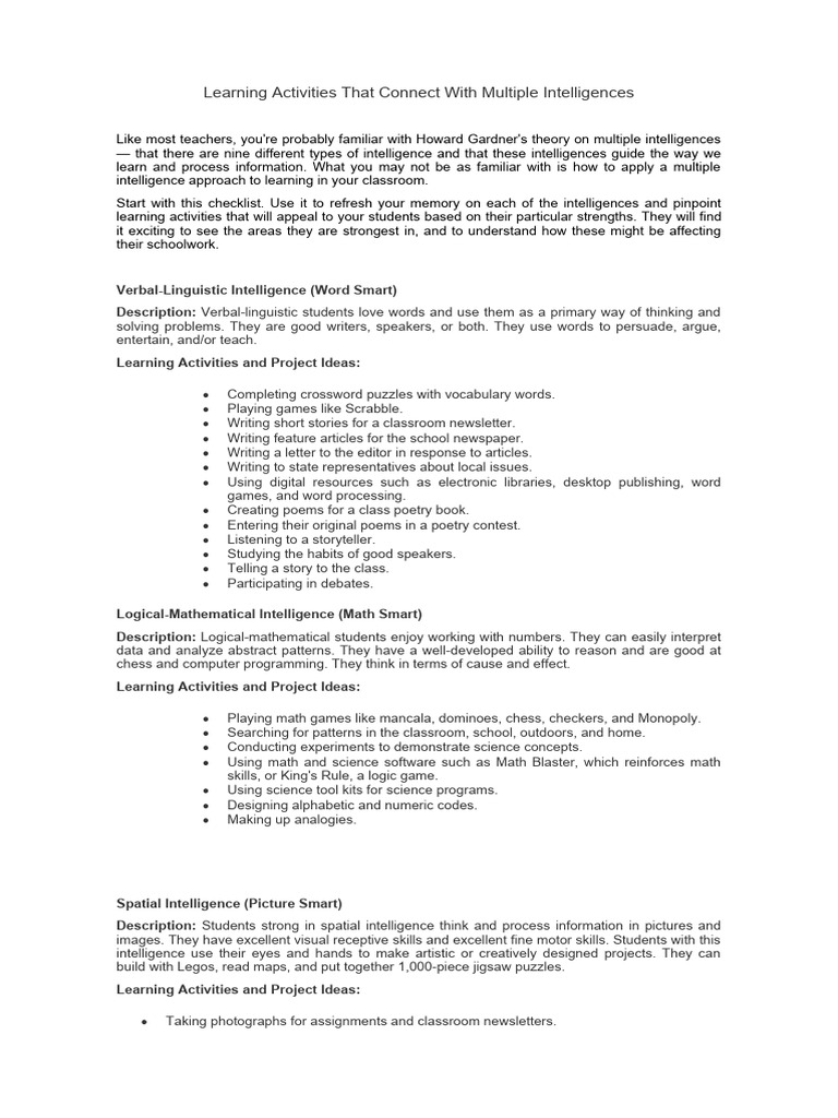 Intrapersonal Activities for Learning Styles | PDF | Intelligence ...
