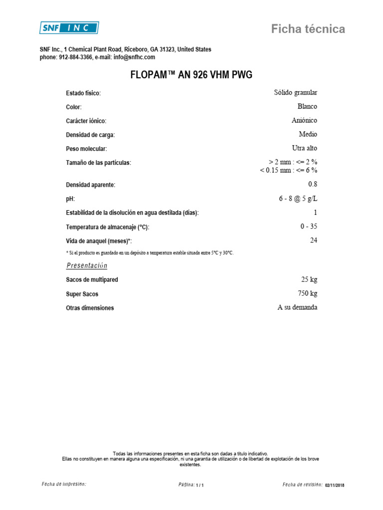 FICHA TECNICA POLIMERO - FLOPAMT AN 926 VHM PWG_TDS_ES | PDF ...
