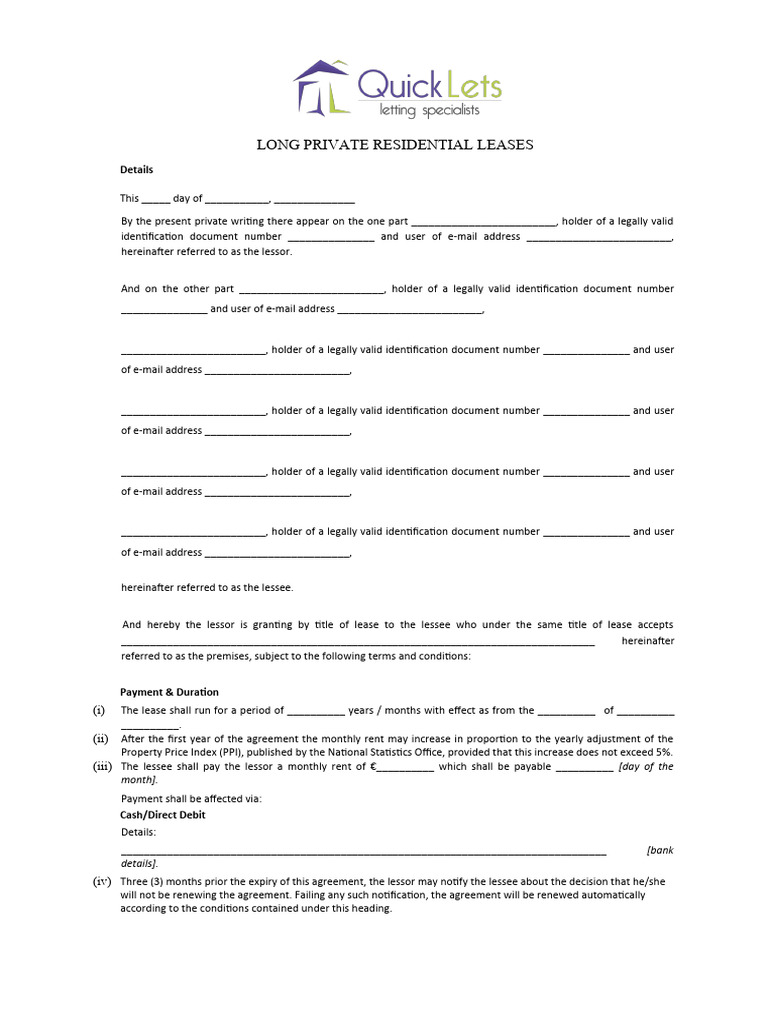 Long Private Residential Lease Agreement | PDF | Lease | Property Law