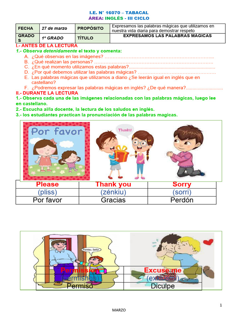 Iii-1g-Inglés - Palabras Magicas - Ficha | PDF