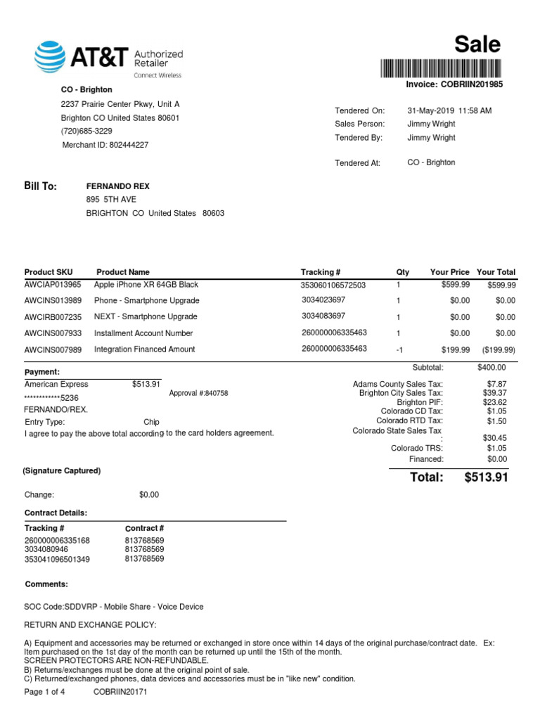 iPhone XR Purchase Receipt at AT&T | PDF
