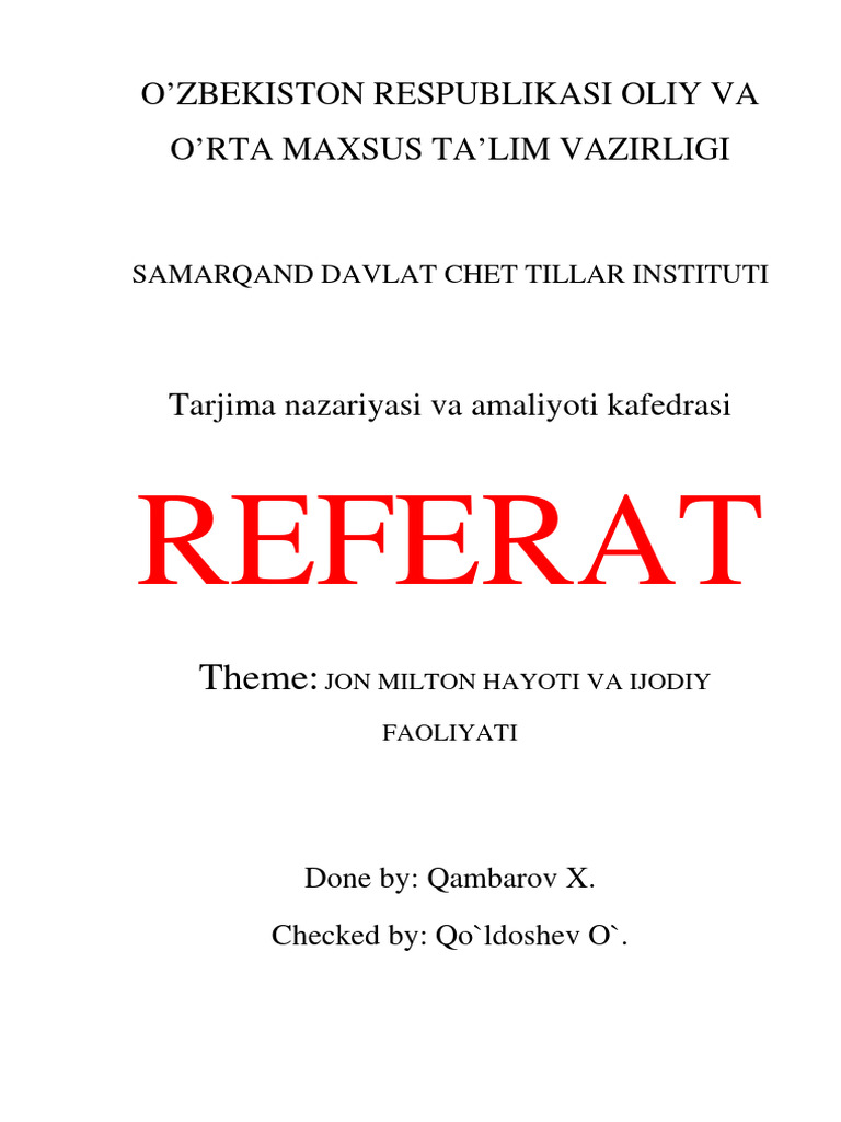 Referat: O'Zbekiston Respublikasi Oliy Va O'Rta Maxsus Ta'Lim Vazirligi ...