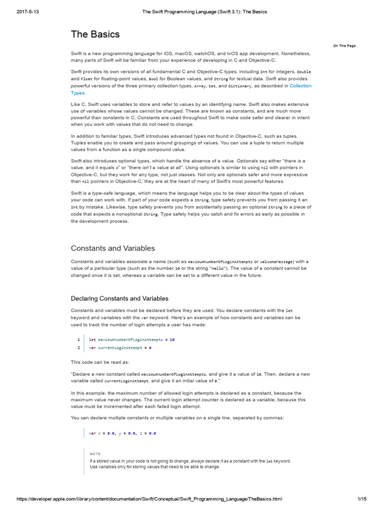 Swift 3.1 Programming Basics Guide | PDF | Data Type | Boolean Data Type