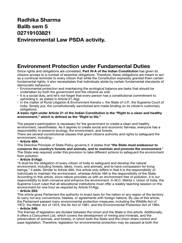 Radhika Sharma Environmental Law PSDA | PDF | Environmental Protection ...