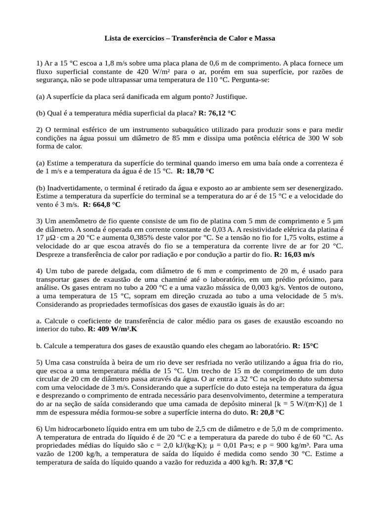 Exercícios de Transferência de Calor e Massa | PDF | Calor ...