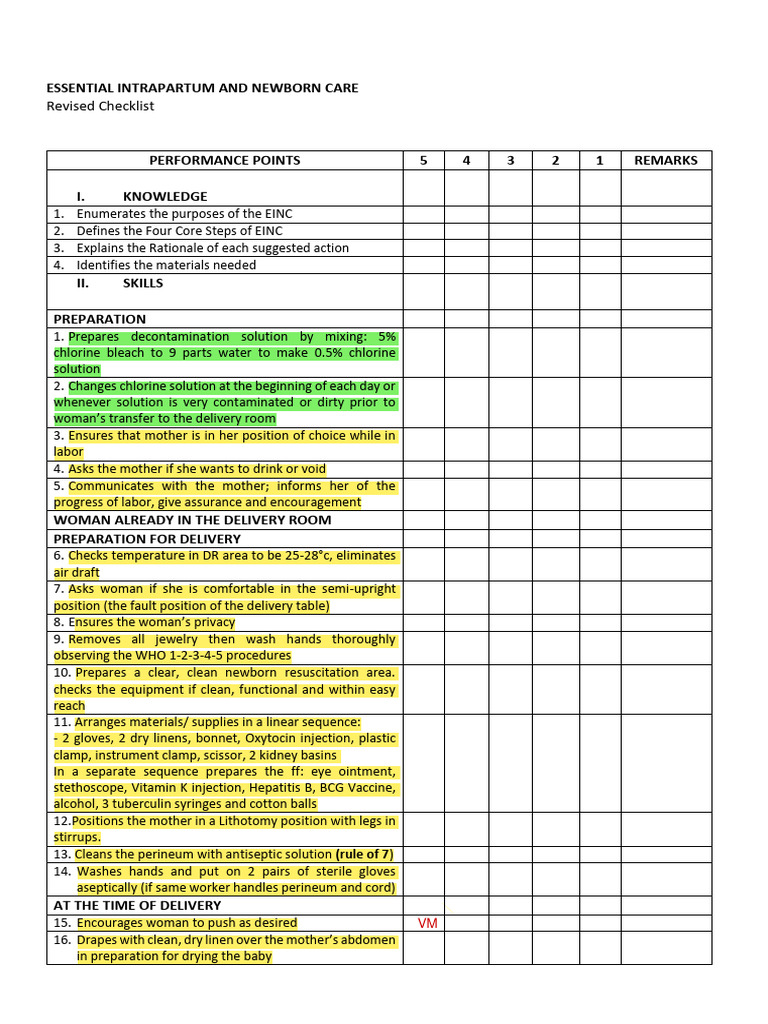 3 EINC CHECKLIST Highlighted | PDF | Childbirth | Breastfeeding