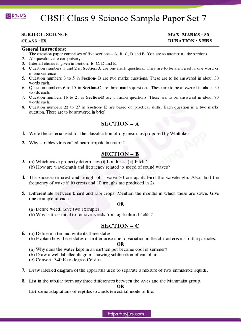 CBSE Sample Paper Class 9 Science Set 7 | PDF | Atoms | Mass