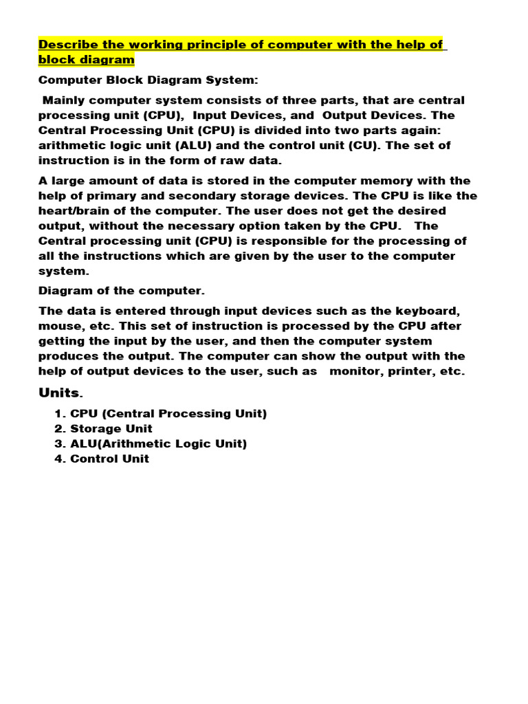 Describe the working principle of computer with the help of block ...