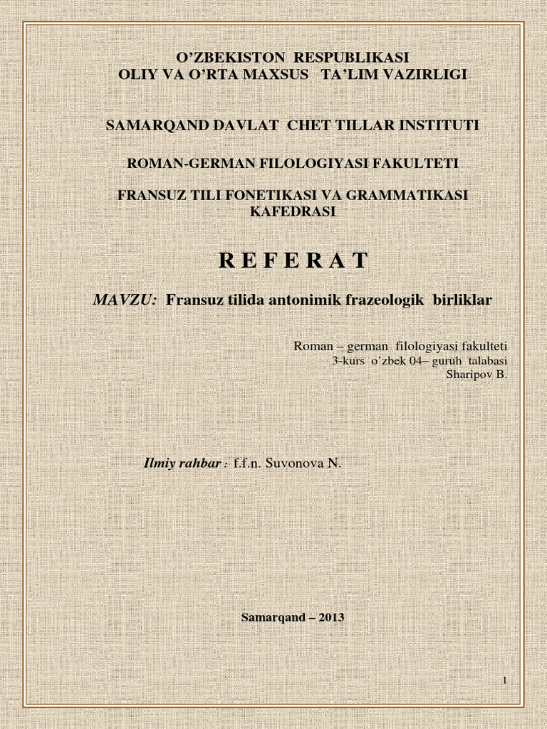 Referat: O'Zbekiston Respublikasi Oliy Va O'Rta Maxsus Ta'Lim Vazirligi ...
