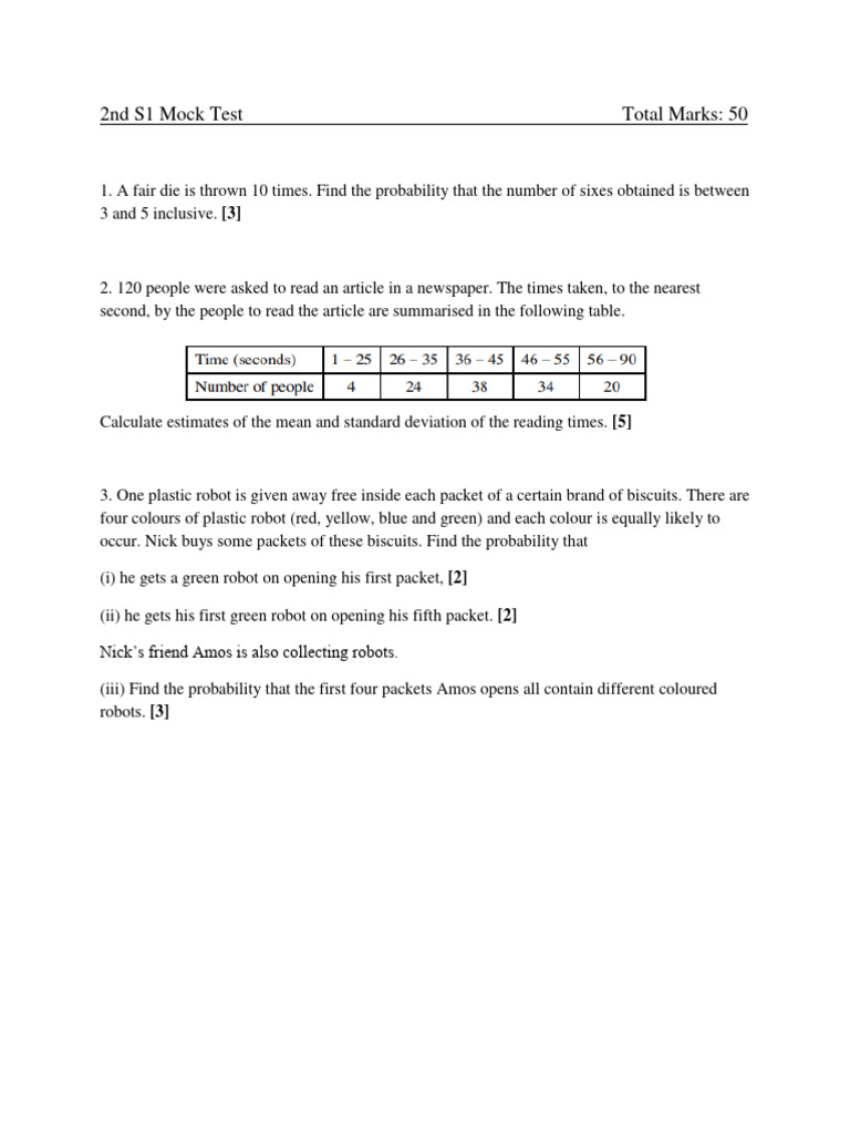 Probability Mock Test Questions | PDF | Quartile | Statistics
