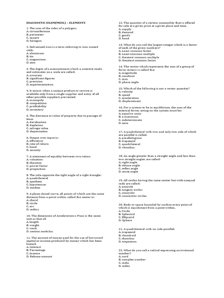 Diagnostic Test (MESL) - Elements (P) | PDF | Interest | Mathematics